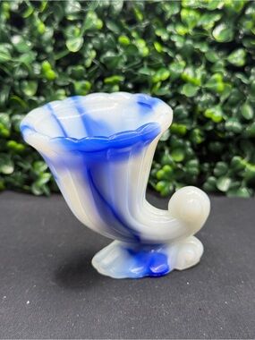 Vintage Blue Slag Glass Cornucopia Vase Toothpick Holder - Akro Agate